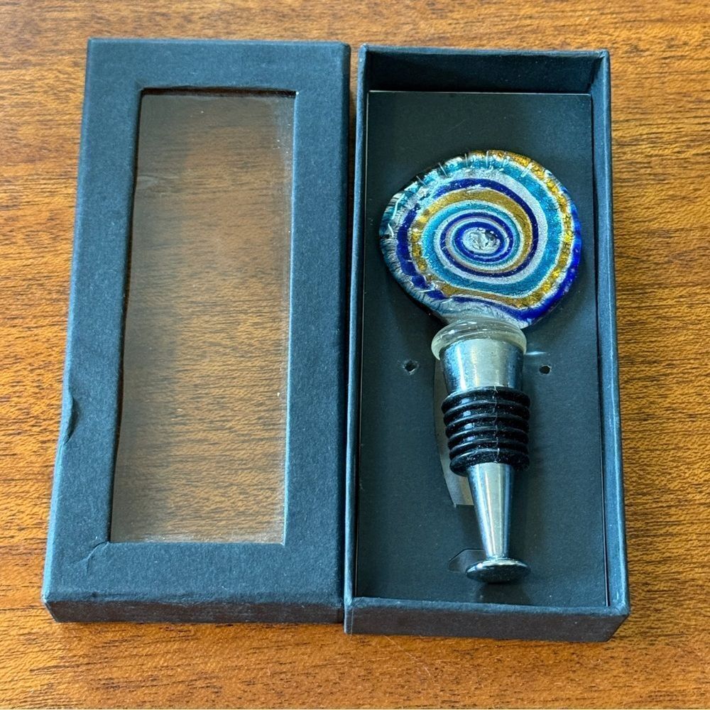 NIB Dennis East Wine Bottle Stopper Glass Colbalt Blue Gold and Turquoise